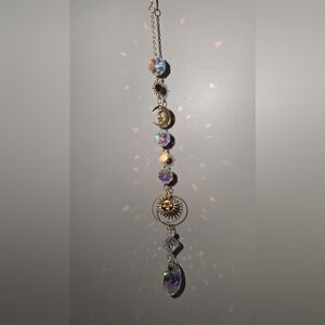 Gold Sun & Moon Crystal Charm Necklace - Iridescent Accent-Handmade